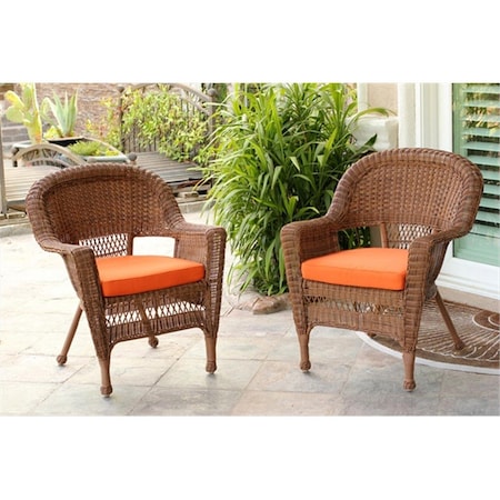 Jeco Rocker Wicker Chair with Orange Cushion, Set of 2, Honey